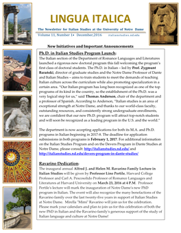 LINGUA ITALICA the Newsletter for Italian Studies at the University of Notre Dame Volume 11, Number 1• December,2016 Italianstudies.Nd.Edu