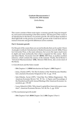 Graduate Macroeconomics 1 Sciences Po, 2018 Autumn Zsófia Bárány Syllabus This Course Consists of Three Main Topics: Economic