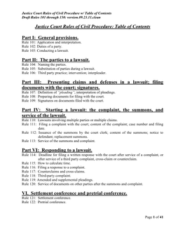 Justice Court Rules of Civil Procedure: Table of Contents Part I