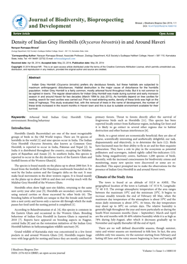 Density of Indian Grey Hornbills (Ocyceros Birostris) in and Around