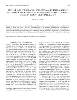 Preliminary Correlation of Florida and Central Great Plains Pliocene and Pleistocene Mammalian Local Faunas Based on Rodent Biostratigraphy