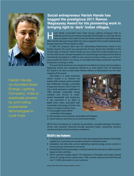 Social Entrepreneur Harish Hande Has Bagged the Prestigious 2011 Ramon Magsaysay Award for His Pioneering Work in Bringing Light to ‘Dark’ Indian Villages