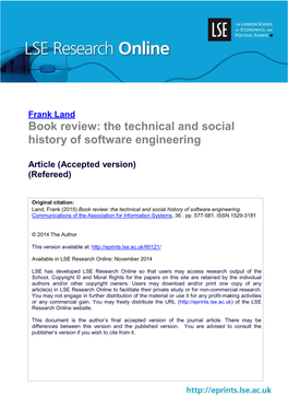 Book Review: the Technical and Social History of Software Engineering