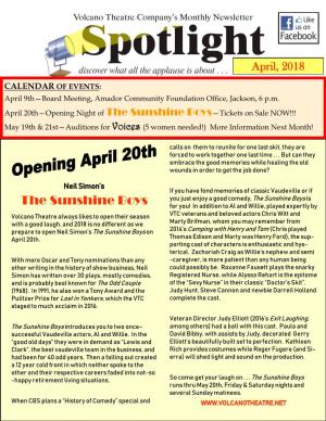 The Sunshine Boys—Tickets on Sale NOW!!! May 19Th & 21St—Auditions for Voices (5 Women Needed!) More Information Next Month!