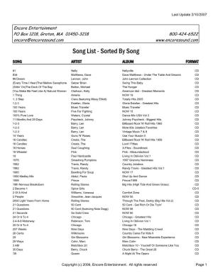 Song List - Sorted by Song