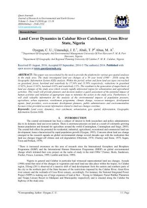 Land Cover Dynamics in Calabar River Catchment, Cross River State, Nigeria
