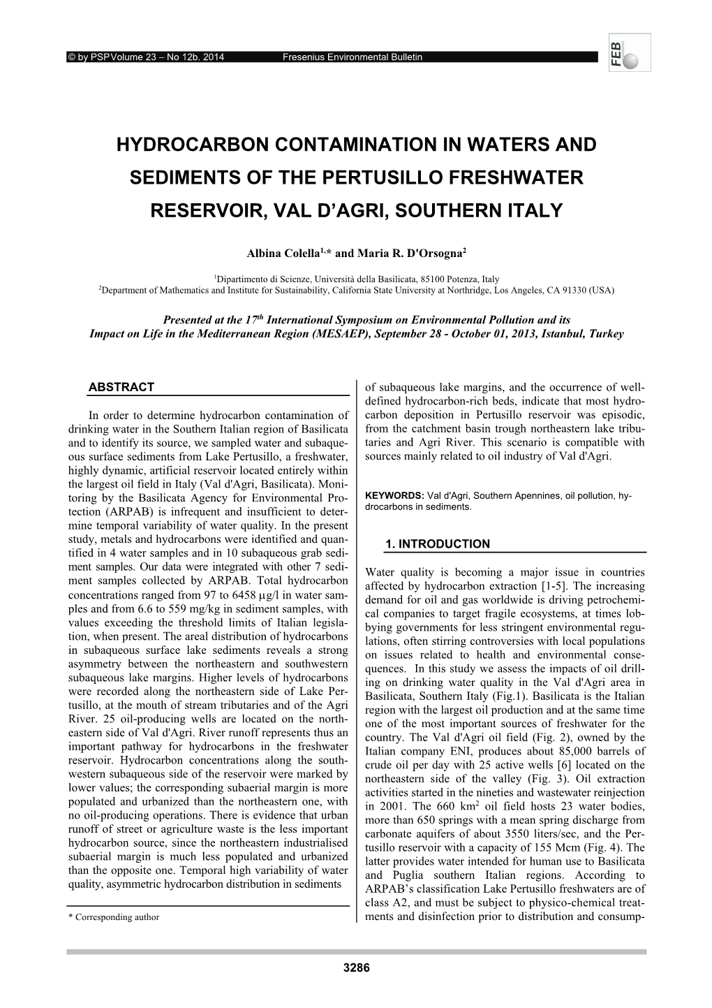 Hydrocarbon Contamination in Waters and Sediments of the Pertusillo Freshwater Reservoir, Val D’Agri, Southern Italy