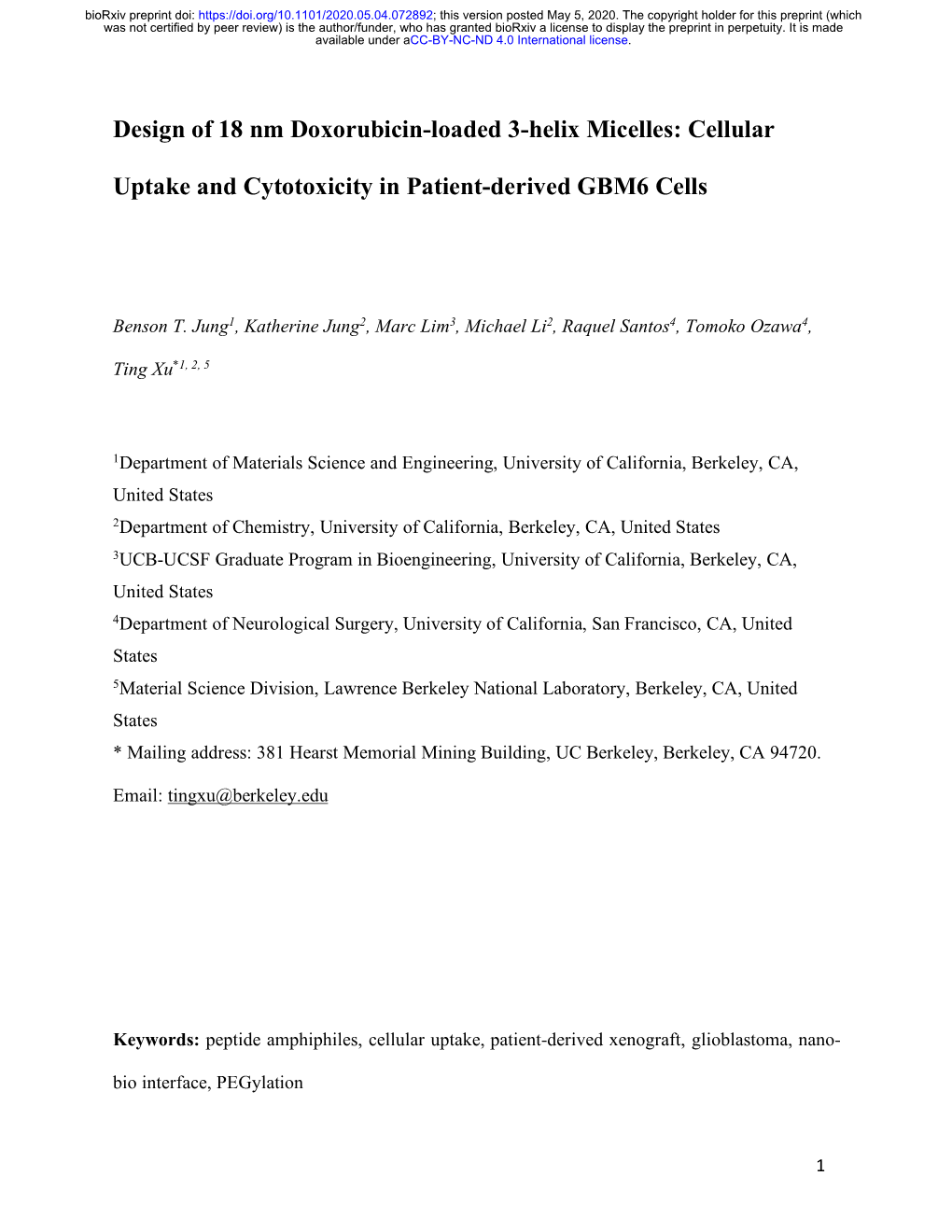 Design of 18 Nm Doxorubicin-Loaded 3-Helix Micelles: Cellular Uptake and Cytotoxicity in Patient-Derived GBM6 Cells