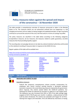 Policy Measures Taken Against the Spread and Impact of the Coronavirus – 16 November 2020