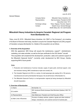 Mitsubishi Heavy Industries to Acquire Canadair Regional Jet Program from Bombardier Inc