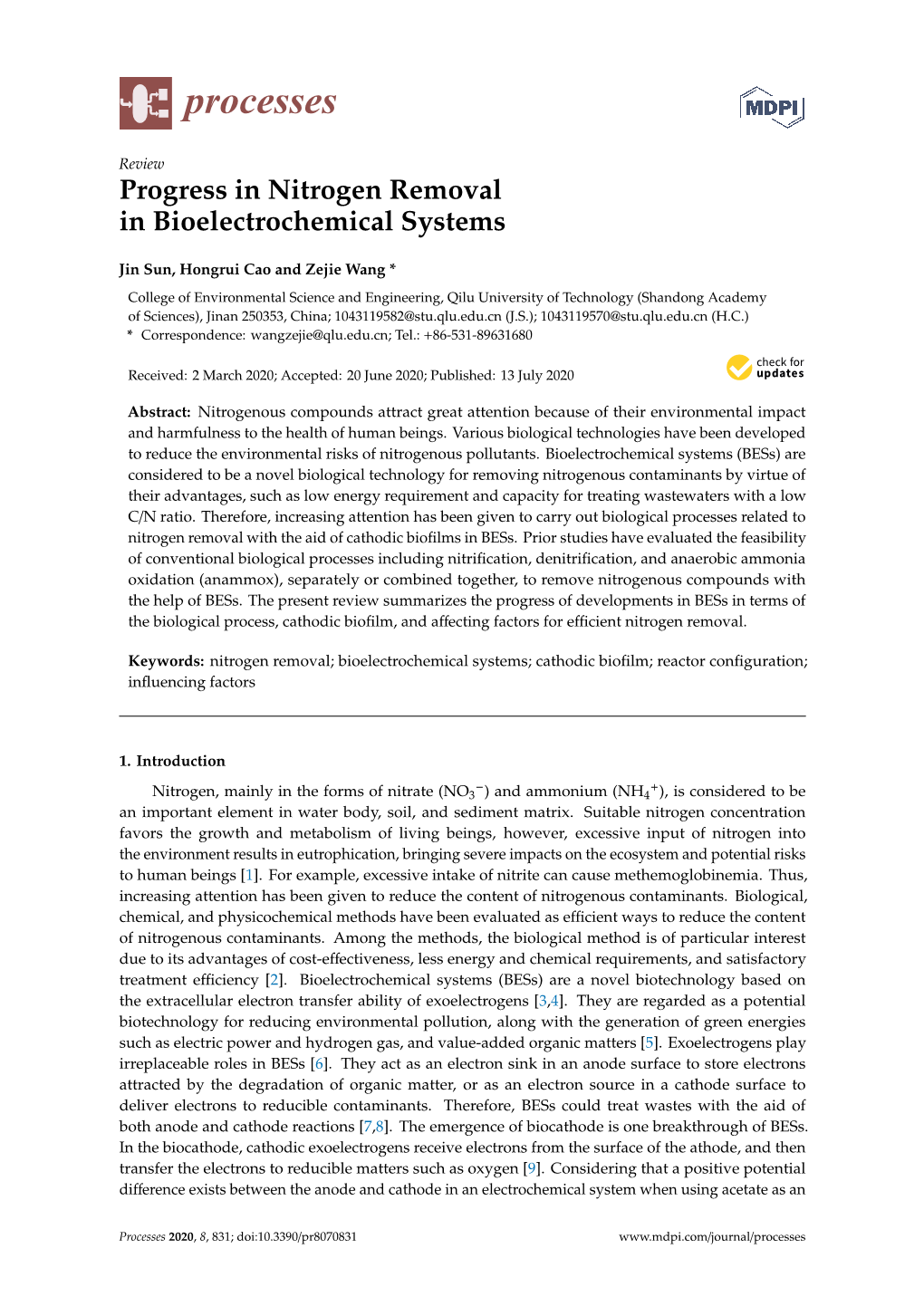 Progress in Nitrogen Removal in Bioelectrochemical Systems
