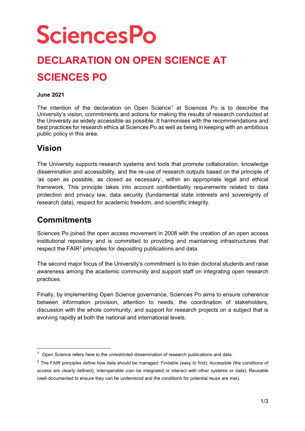 Declaration on Open Science at Sciences Po
