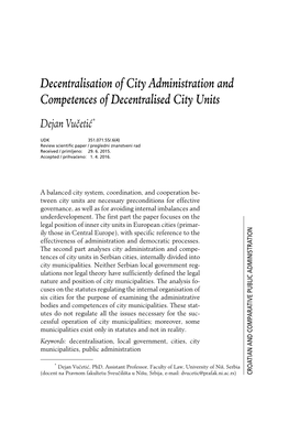 Decentralisation of City Administration and Competences of Decentralised City Units