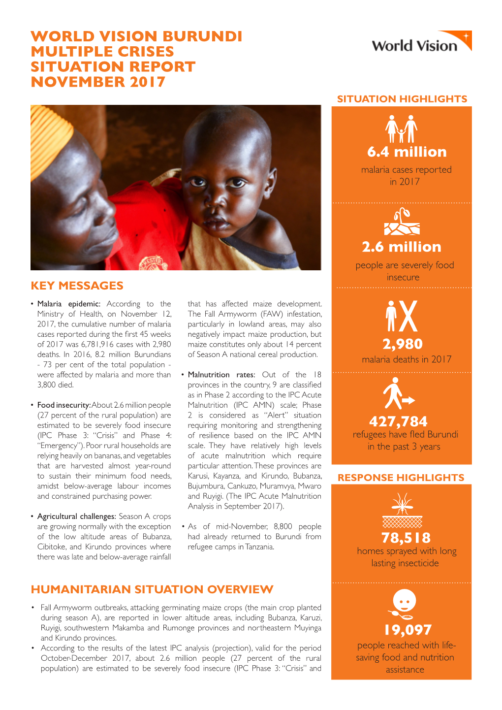 World Vision Burundi Multiple Crises Situation Report November 2017 Situation Highlights