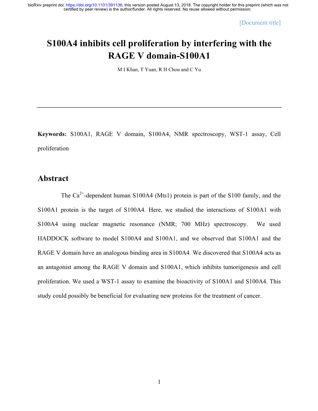 S100A4 Inhibits Cell Proliferation by Interfering with the RAGE V Domain-S100A1