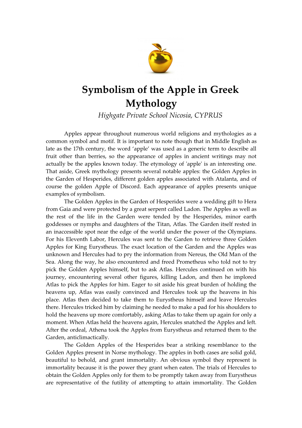 Symbolism of the Apple in Greek Mythology Highgate Private School Nicosia, CYPRUS