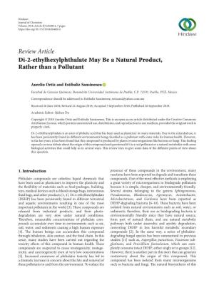 Review Article Di-2-Ethylhexylphthalate May Be a Natural Product, Rather Than a Pollutant