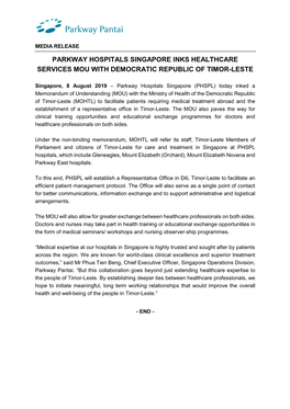 Parkway Hospitals Singapore Inks Healthcare Services Mou with Democratic Republic of Timor-Leste