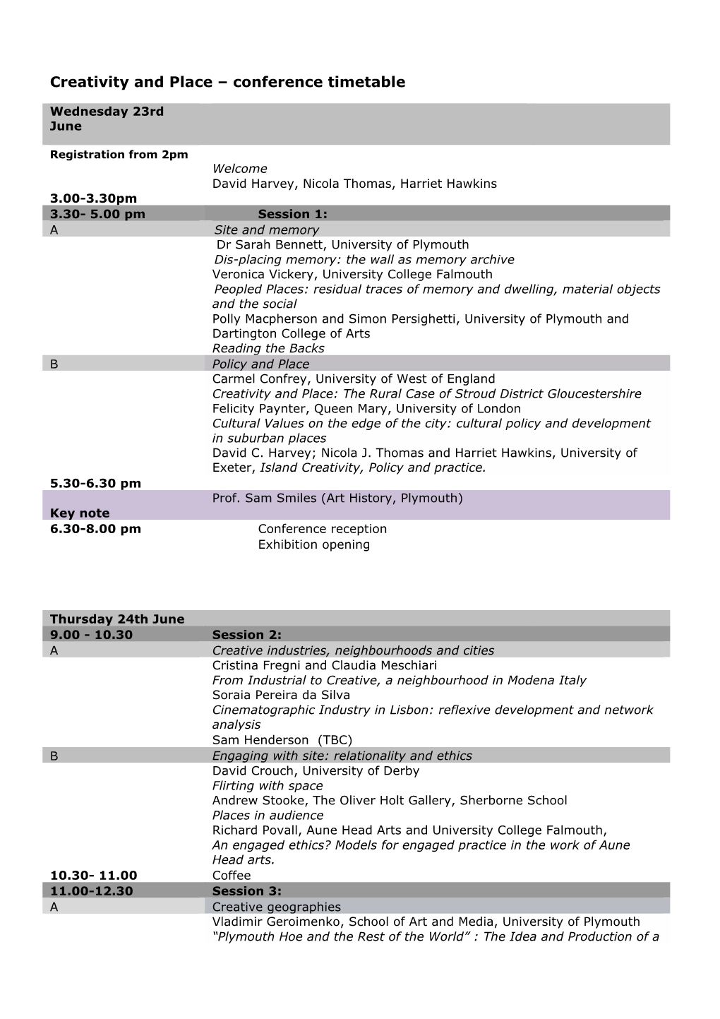 Creativity and Place – Conference Timetable