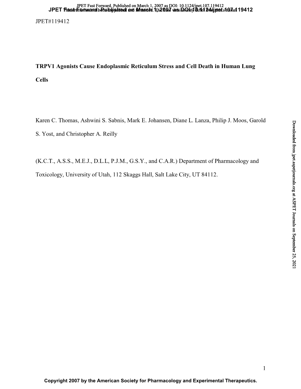 JPET#119412 1 TRPV1 Agonists Cause Endoplasmic Reticulum