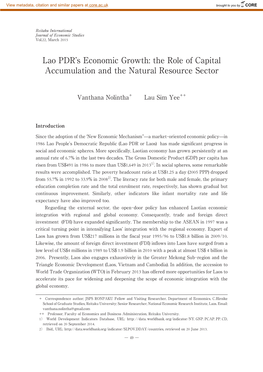 Lao Pdrʼs Economic Growth: the Role of Capital Accumulation and the Natural Resource Sector