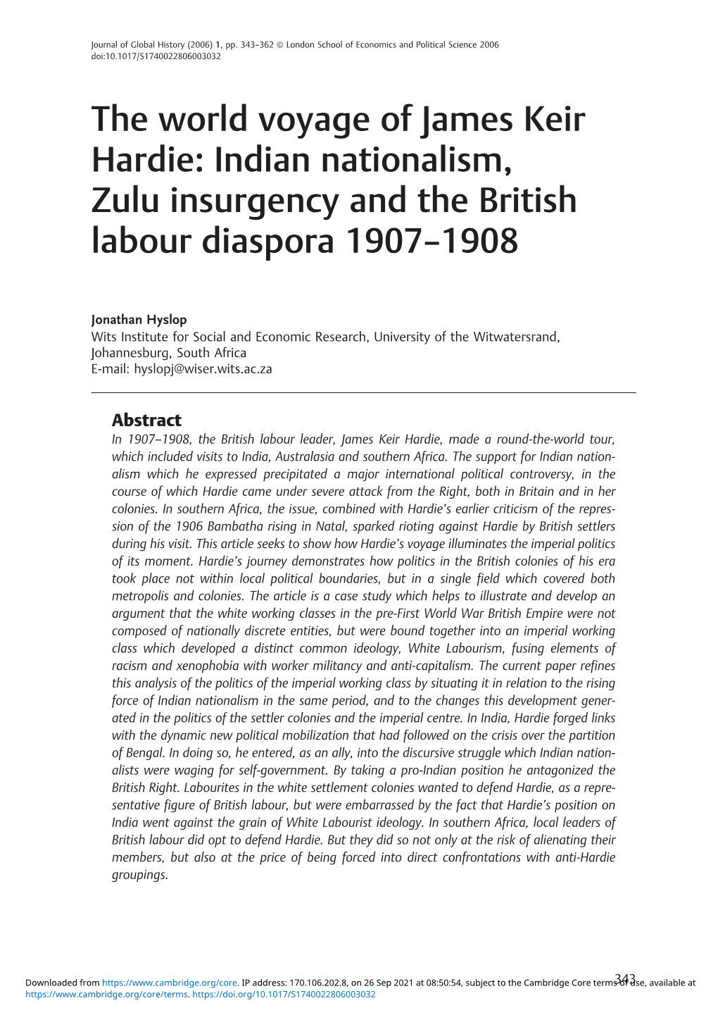 The World Voyage of James Keir Hardie: Indian Nationalism, Zulu Insurgency and the British Labour Diaspora 1907–1908