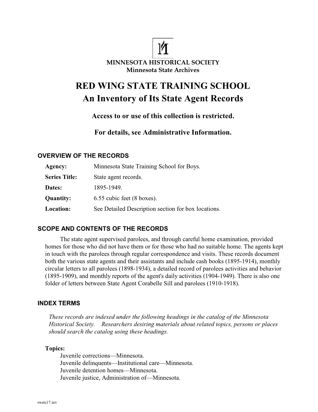 An Inventory of Its State Agent Records at the Minnesota Historical