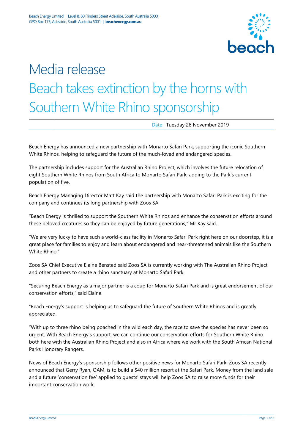 Media Release Beach Takes Extinction by the Horns with Southern White Rhino Sponsorship