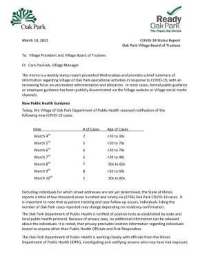 March 10, 2021 COVID-19 Status Report Oak Park Village Board of Trustees