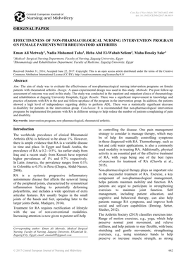 Effectiveness of Non-Pharmacological Nursing Intervention Program on Female Patients with Rheumatoid Arthritis