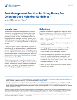Best Management Practices for Siting Honey Bee Colonies: Good Neighbor Guidelines 1 James D