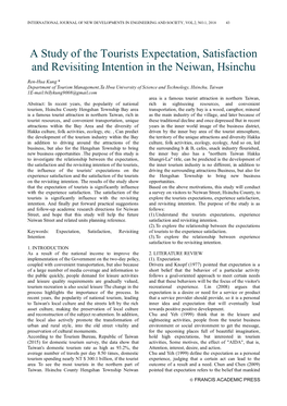 A Study of the Tourists Expectation, Satisfaction and Revisiting Intention in the Neiwan, Hsinchu