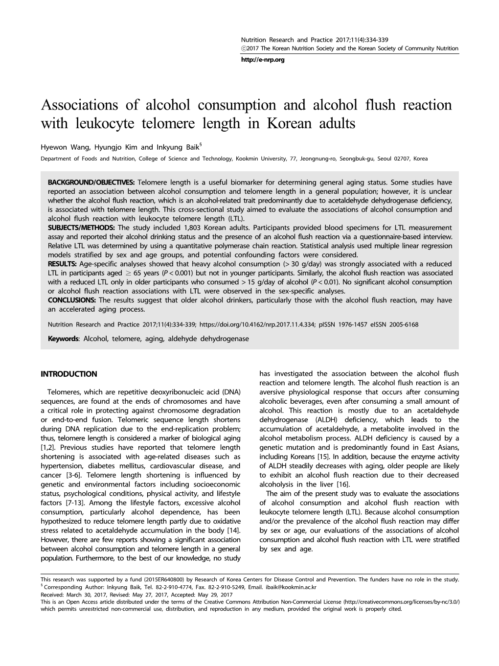 Associations of Alcohol Consumption and Alcohol Flush Reaction with Leukocyte Telomere Length in Korean Adults