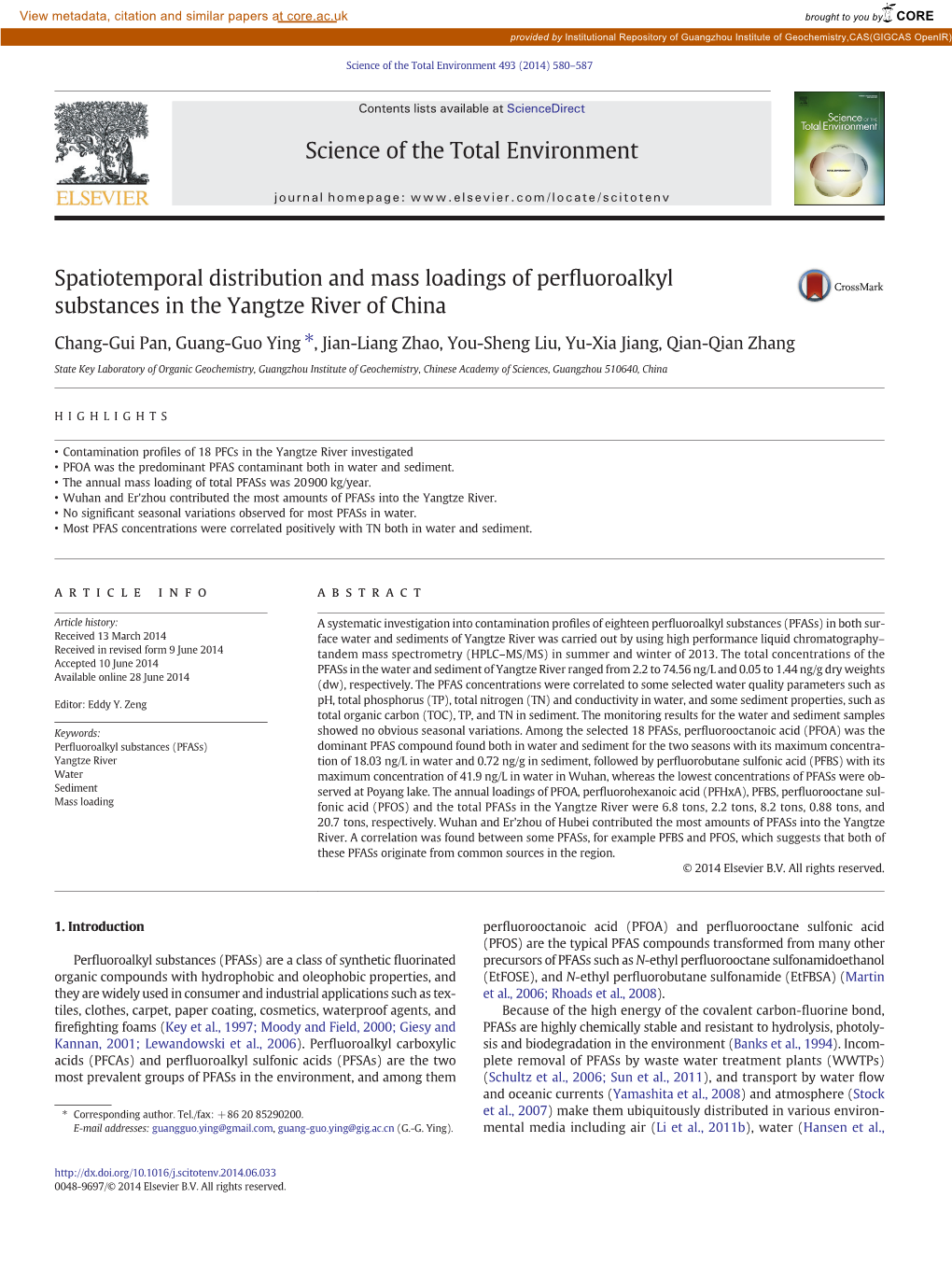 Spatiotemporal Distribution and Mass Loadings of Perfluoroalkyl