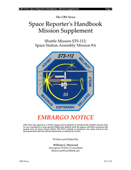 Space Reporter's Handbook Mission Supplement EMBARGO NOTICE