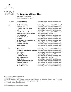 As You Like It Song List Directed by Daryl Cloran Music Direction by Ben Elliott