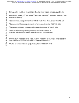 Intraspecific Variation in Symbiont Density in an Insect-Microbe Symbiosis 2 3 Benjamin J