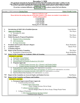 December 3, 2020 the Agenda & Materials for the Business Meeting That Will Be Held on December 3, 2020 at 12:30 P.M