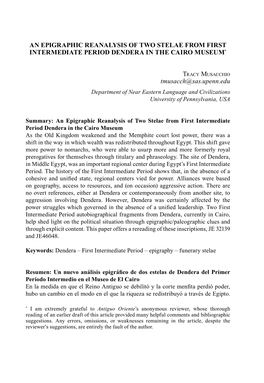 An Epigraphic Reanalysis of Two Stelae from First Intermediate Period Dendera in the Cairo Museum*