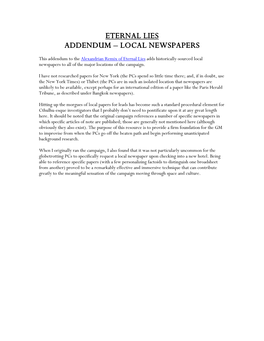 Eternal Lies Addendum – Local Newspapers