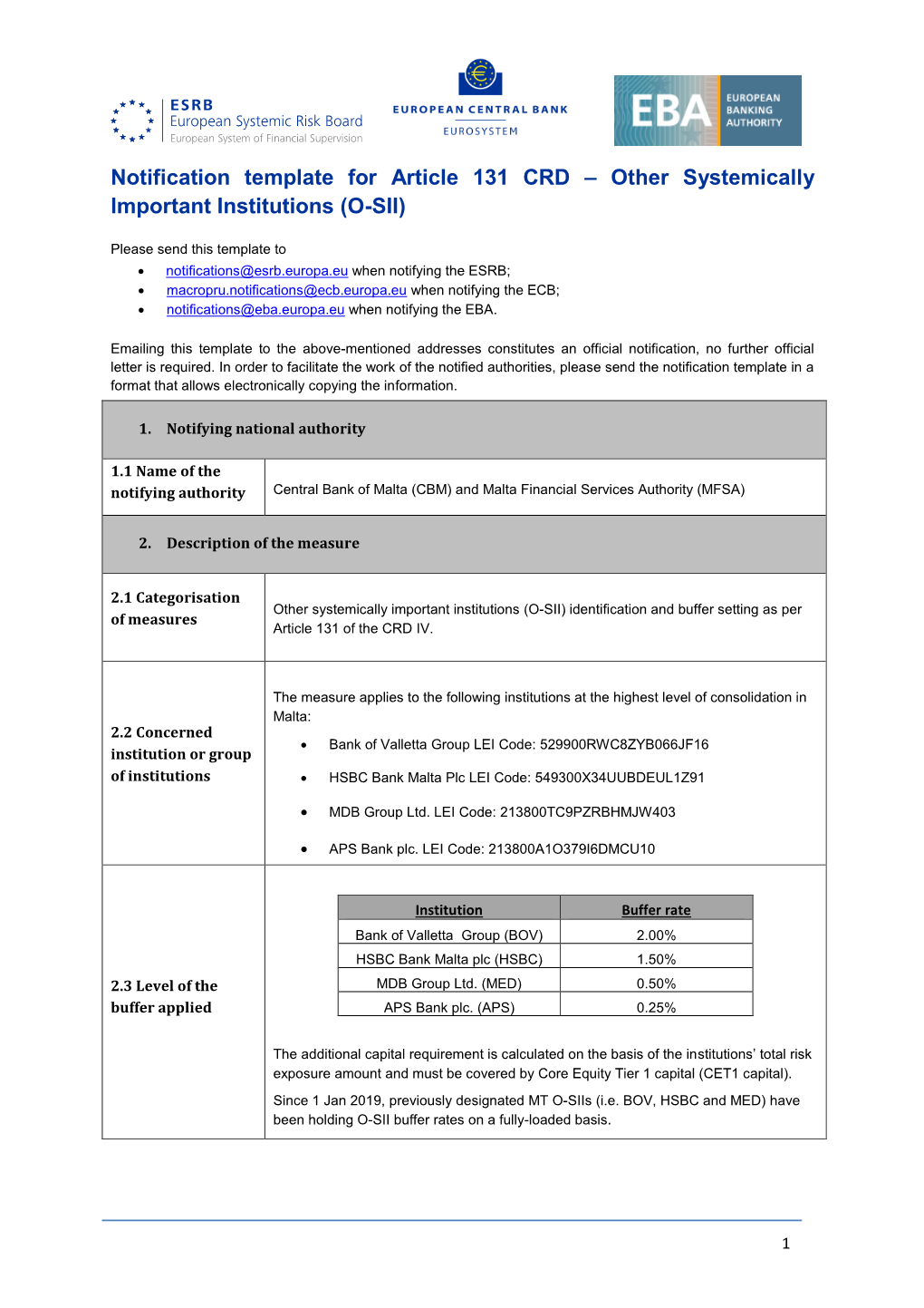 Notification by the Central Bank of Malta and the Malta Financial