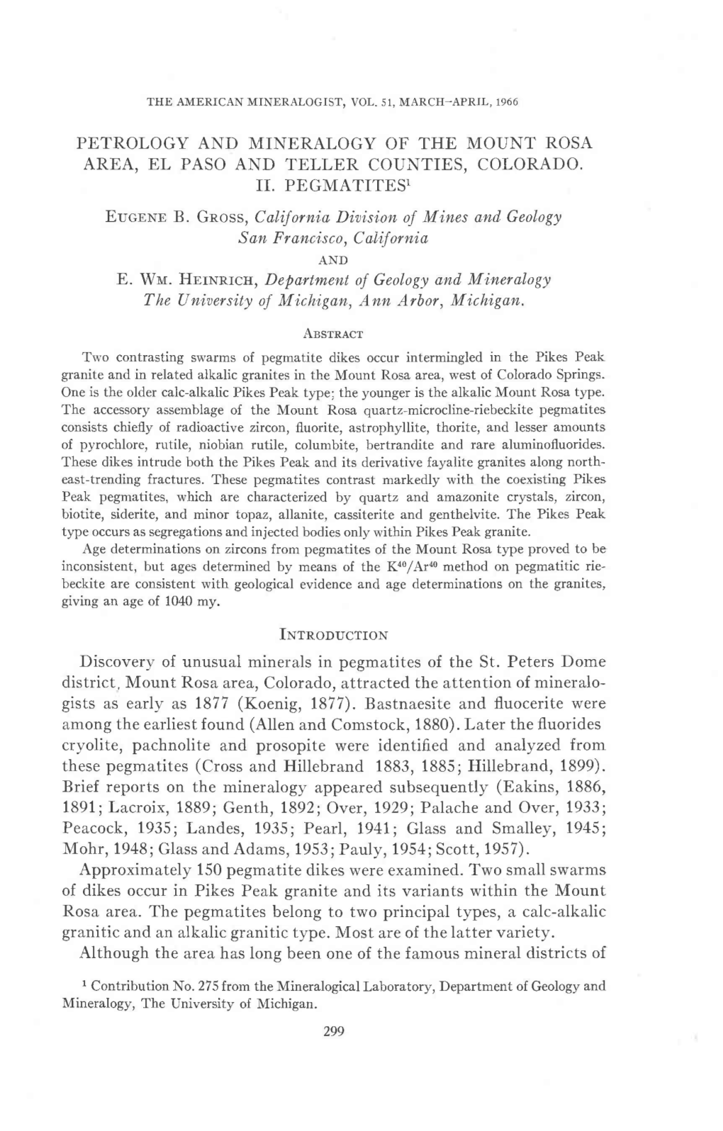 Petrology and Mineralogy of the Mount Rosa Area, El Paso and Teller Counties, Colorado