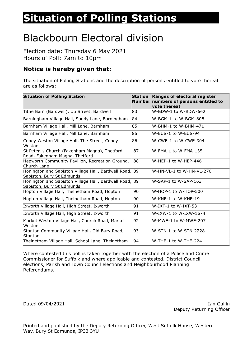 Situation of Polling Stations West Suffolk