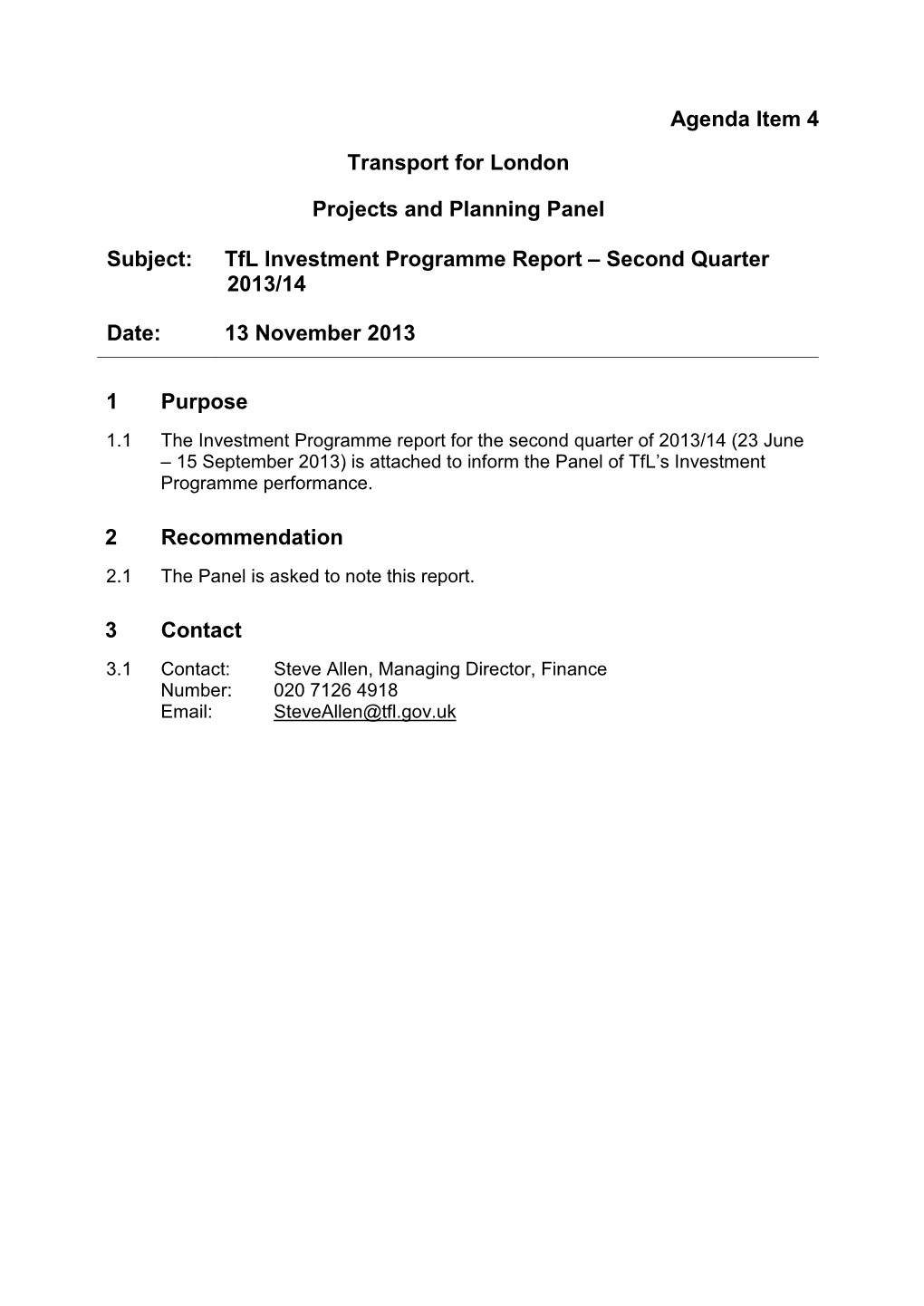 Tfl Investment Programme Report – Second Quarter 2013/14