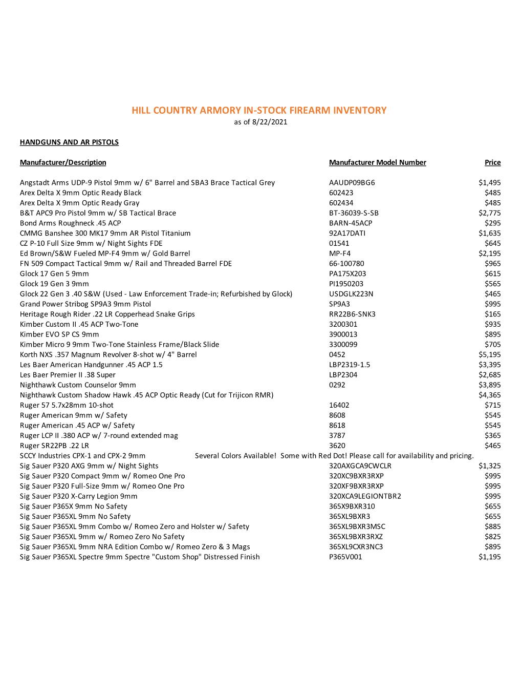 Hill Country Armory In-Stock Inventory (As of 6-13-2021)