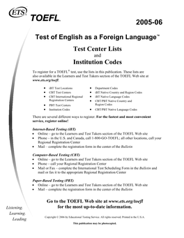 2005-06 TOEFL Test Center Lists and Institution Codes
