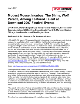 Modest Mouse, Incubus, the Shins, Wolf Parade, Among Featured Talent at Download 2007 Festival Events