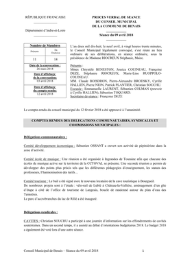 Conseil Municipal De Benais – Séance Du 09 Avril 2018 1