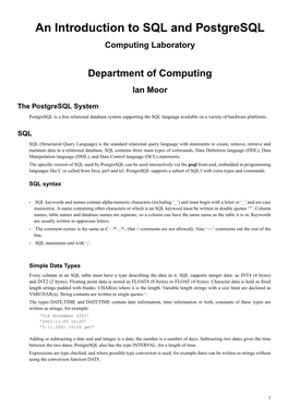 An Introduction to SQL and Postgresql Computing Laboratory