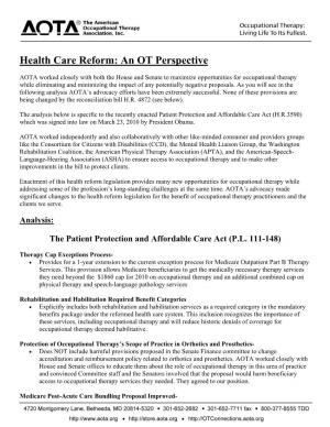 AOTA Analysis: Health Care Reform, an OT Perspective